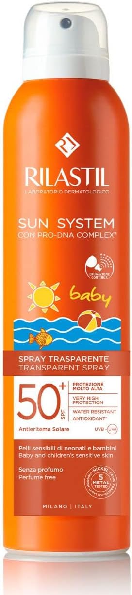 Le migliori offerte di Amazon di oggi, tutti i giorni 94 Rilastil Sun System Baby Transparent Spray SPF50+, Spray Corpo Bambini Trasparente, Previene Scottature, Macchie ed Eritemi, Pelli Delicate, Resistente all' Acqua, Senza Profumo, 200ml