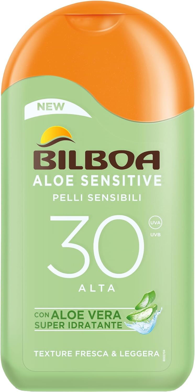 Bilboa Aloe Sensitive SPF 30, Latte Solare Alta per Pelli Sensibili, Formula con Aloe Vera, Protegge e Idrata le Pelli Sensibili, 200 ml