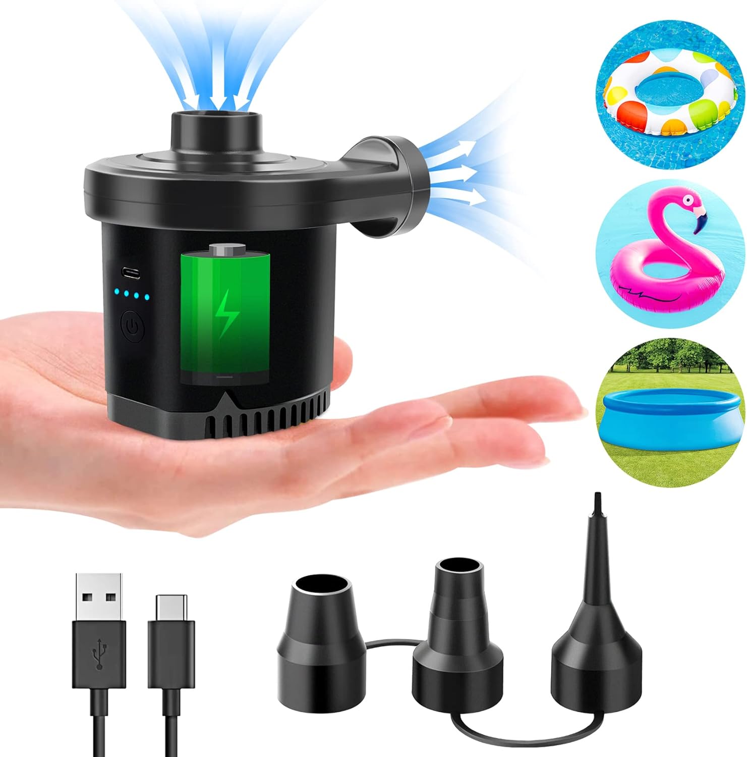 Pompa Elettrica per Materasso Gonfiabile a Batteria Ricaricabile 2 in 1 Gonfia Sgonfia, Gonfiatore Elettrico Portatile con 3 Ugelli, Pompa per Gonfiare Materassini per Materassino Gommone Piscina