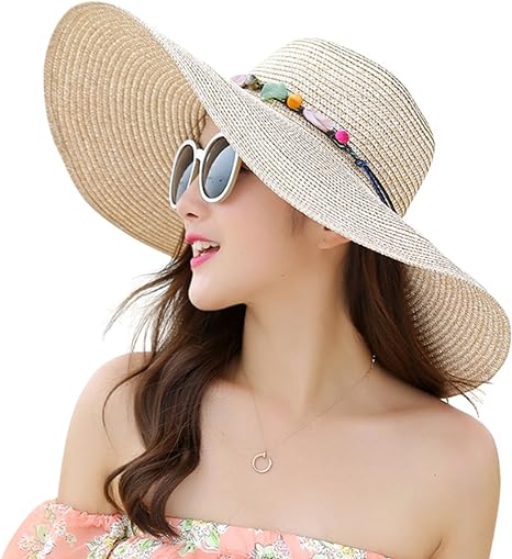 Lanzom - Cappello da donna in paglia con tesa larga da 14 cm, pieghevole e arrotolabile, protezione UPF 50+