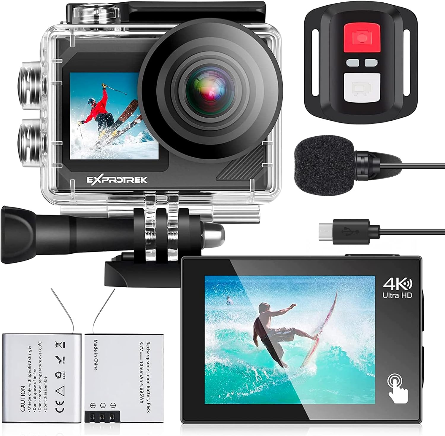 Exprotrek Action Cam, 20MP Action cam 4K con touch screen,angolo di visione regolabile, impermeabile fino a 40m sotto l'acqua.