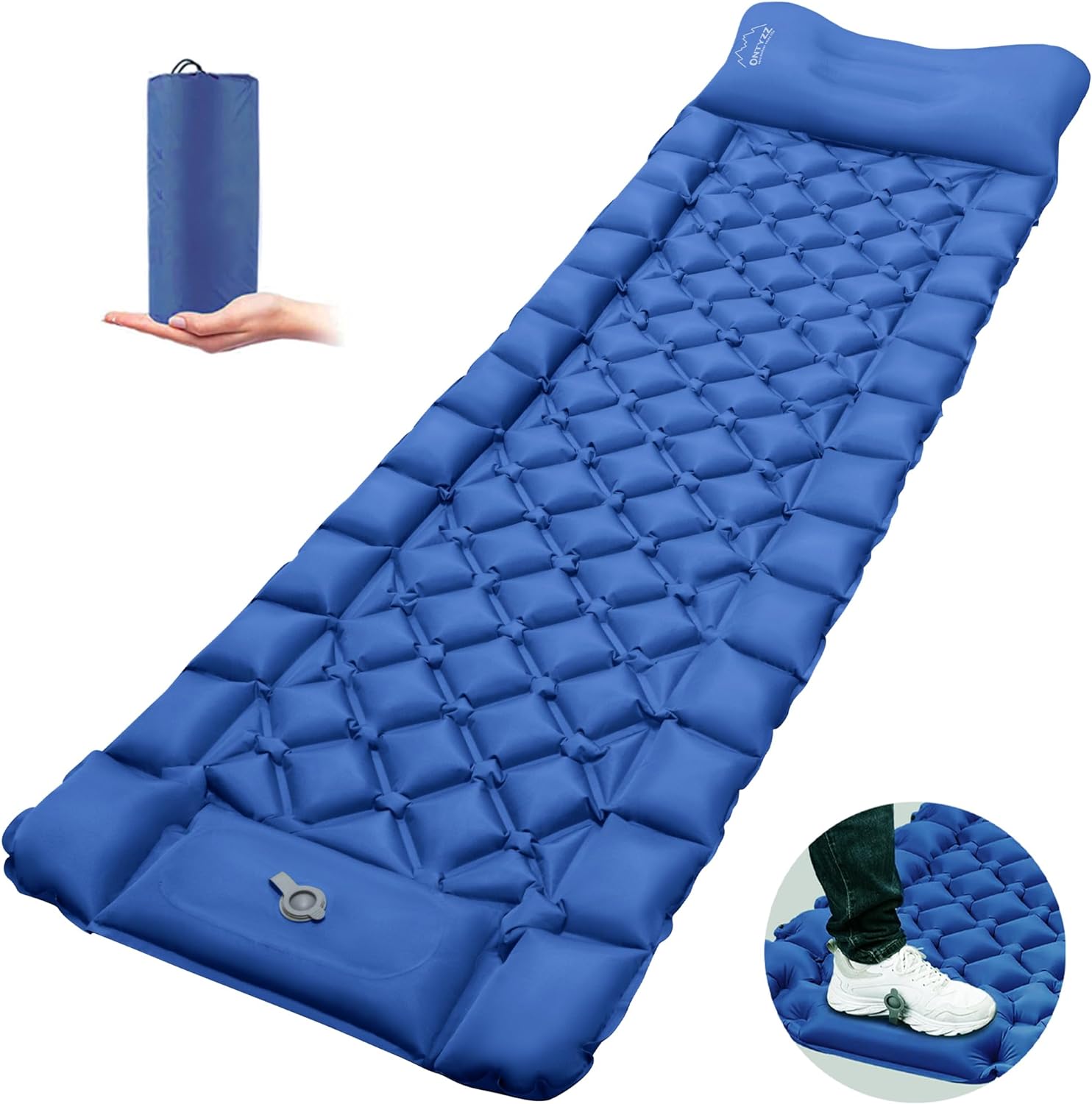 ONTYZZ Materassino Gonfiabile Campeggio Portatile Materassini Autogonfianti con Cuscino e Piede Pompa a Pressione Anti-ripstop Ultraleggero Materasso D'aria per Salvaspazio (Blu)
