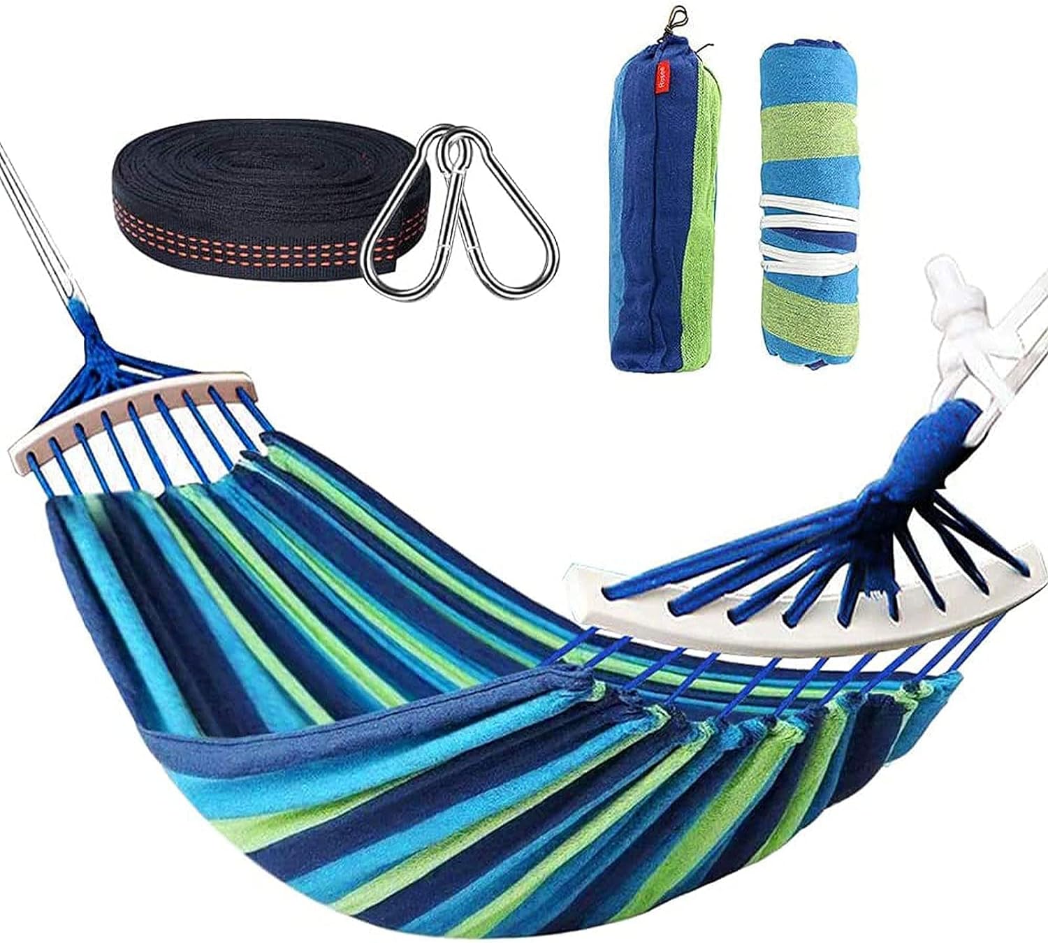 Amaca Doppia con Barre 280 x 160 cm, Cotone Amaca da Esterno per Giardino, Capacità 300 kg, Portatile Leggera con Borsa per Giardino Cortile Balcone Campeggio Spiaggia Backpacking