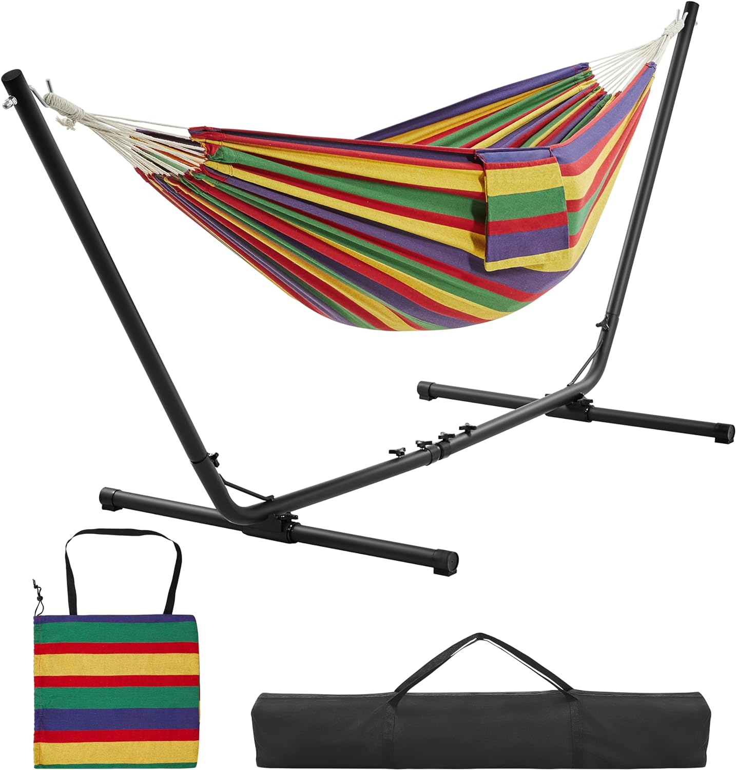 Yaheetech Amaca da Esterno con Supporto Regolabile Carica 200 kg con Borsa di Trasporto in Ferro Poliestere e Oxford per Spiaggia/Pisolini/Campagna/Campeggio/Picnic/Gita Strisce Rainbow
