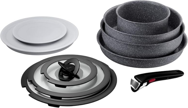 Lagostina Ingenio Mineralis Eco Set Padelle Antiaderenti in Alluminio 100% Riciclato, Adatto all’Induzione, 10 Pezzi, Casseruola 16cm, Padella 28cm, Tegame 24cm, Wok 26cm, 5 Coperchi e Manico
