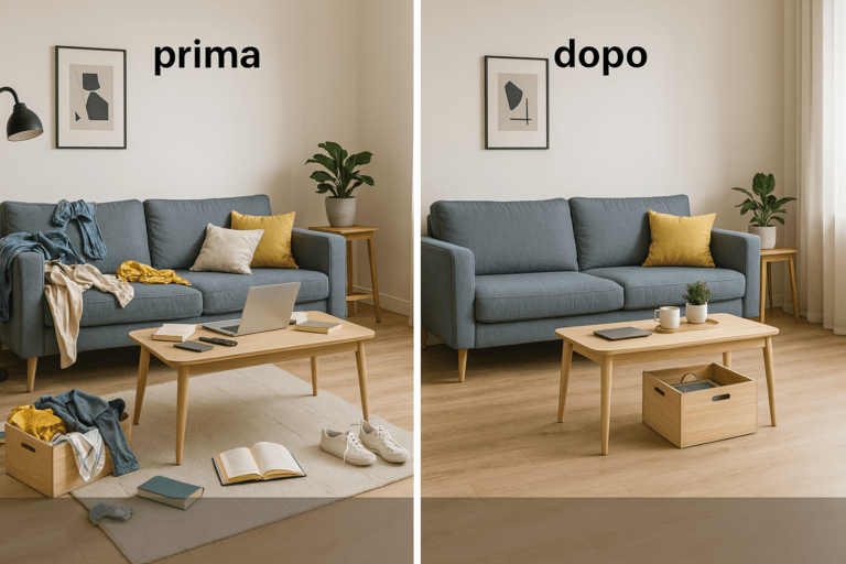Esempio di disordine domestico prima e dopo l'uso di oggetti utili per la casa