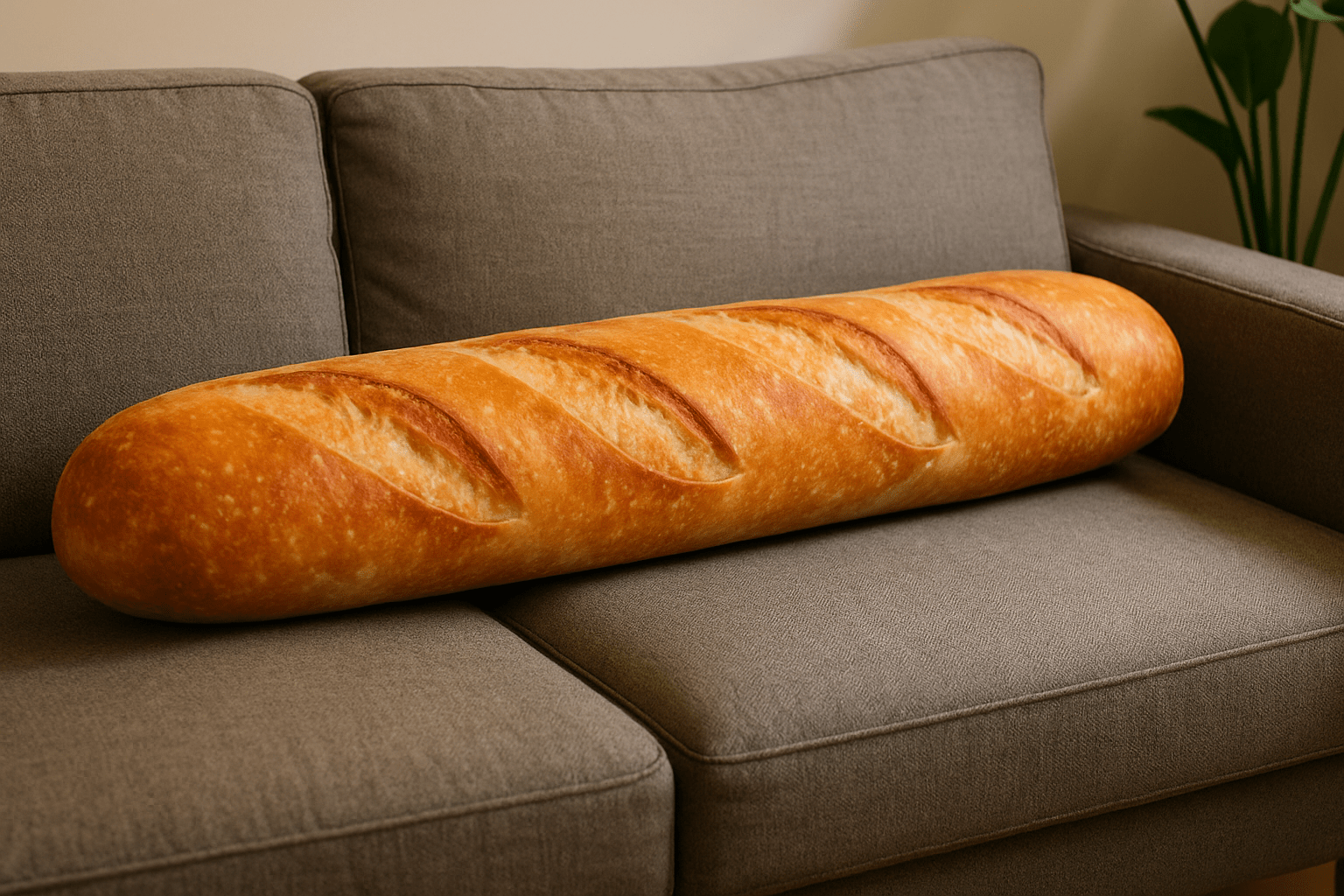 Gli oggetti inutili su Amazon (ma divertenti) – La Selezione Terrificante del 2025 24 Lungo e realistico cuscino a forma di baguette francese appoggiato comodamente su un divano grigio moderno - Oggetti Inutili su Amazon