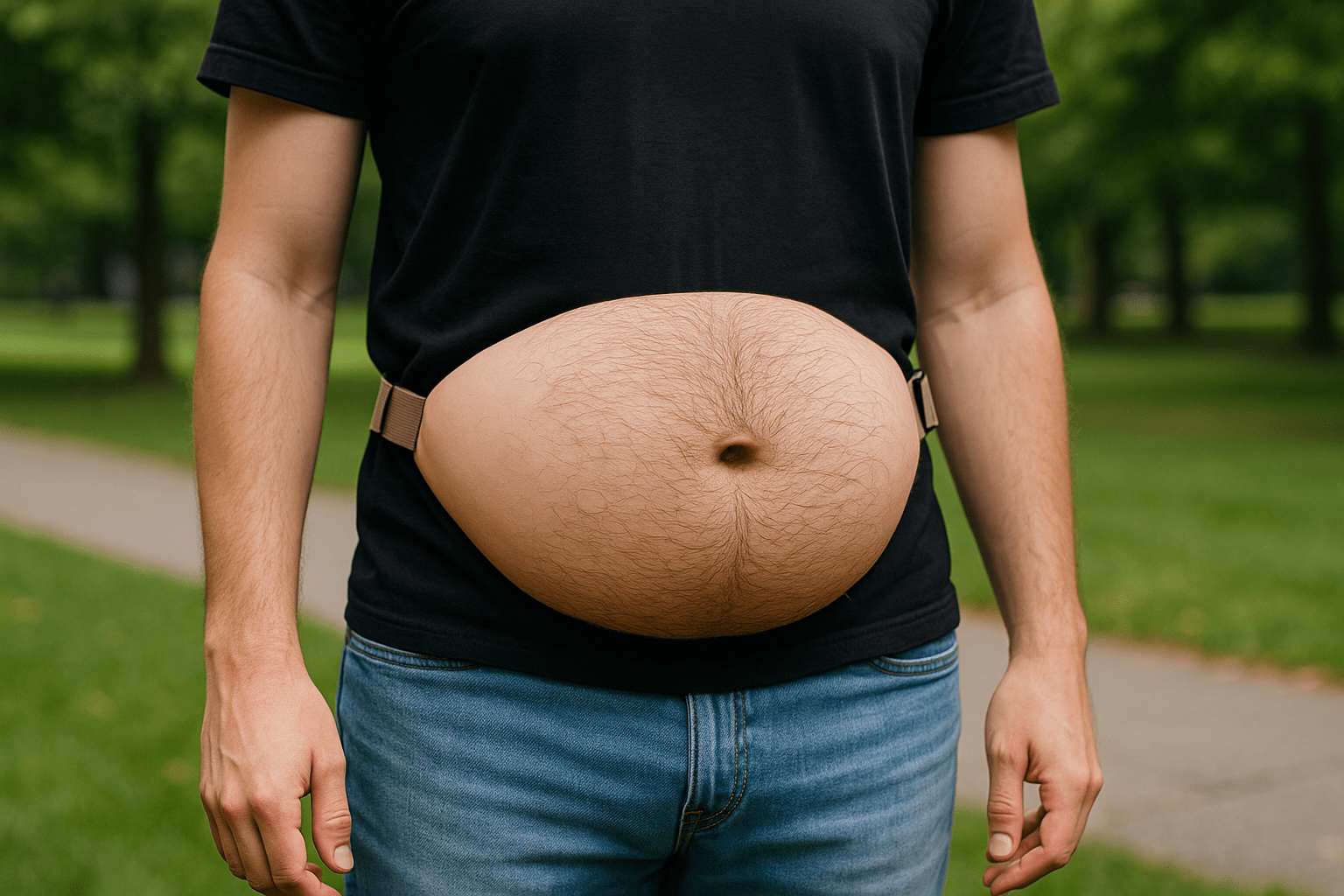 Gli oggetti inutili su Amazon (ma divertenti) – La Selezione Terrificante del 2025 25 Marsupio realistico a forma di pancia maschile prominente, indossato da una persona - Oggetti Inutili su Amazon