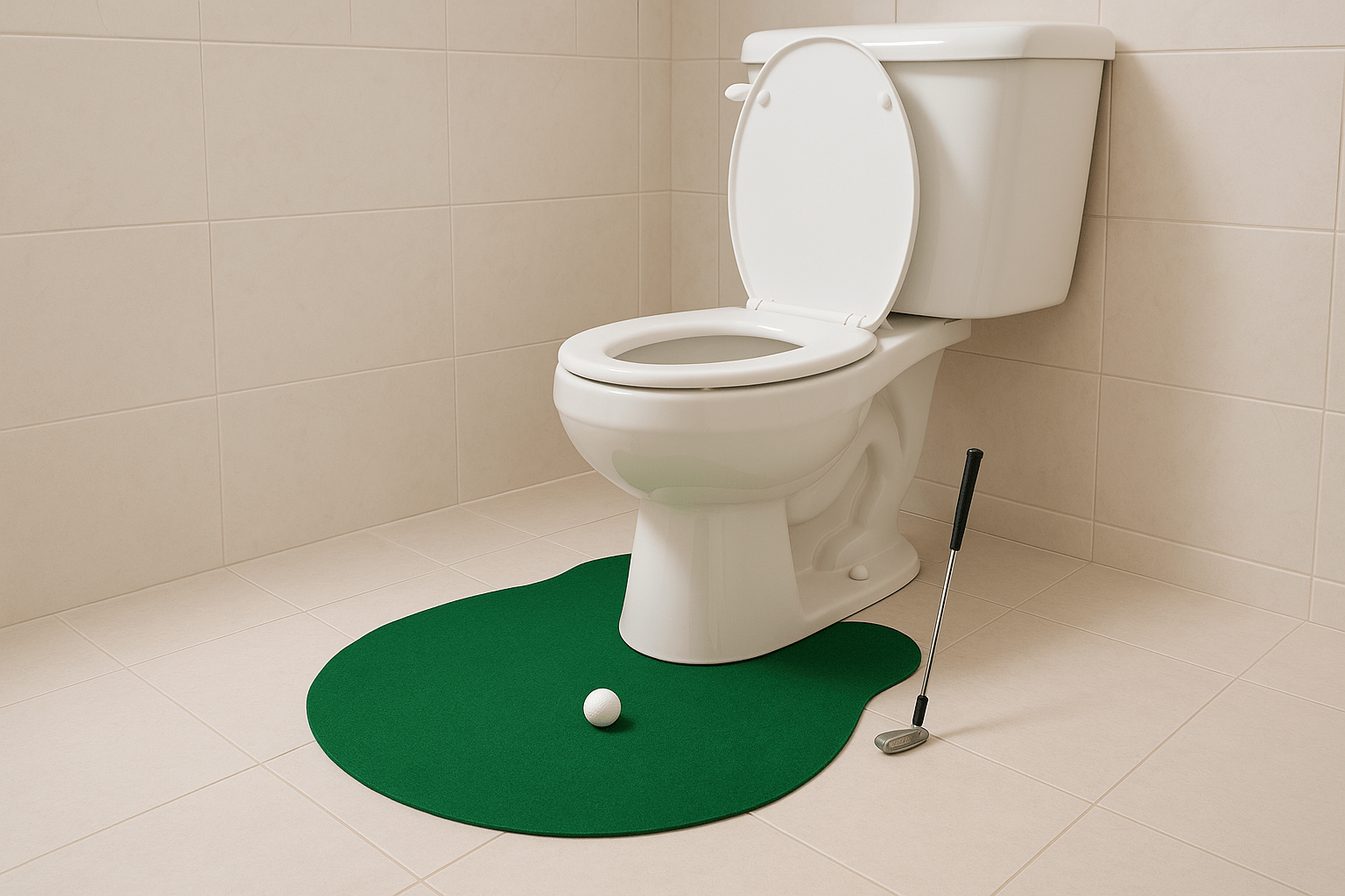 Gli oggetti inutili su Amazon (ma divertenti) – La Selezione Terrificante del 2025 21 Mini set da golf verde con mazza e pallina posizionato davanti a un WC - Oggetti Inutili su Amazon