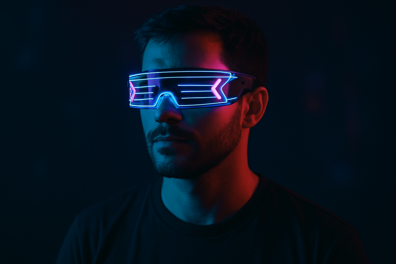 Gli oggetti inutili su Amazon (ma divertenti) – La Selezione Terrificante del 2025 23 Persona che indossa occhiali futuristici stile cyberpunk con luci LED blu e rosa accese in un ambiente buio