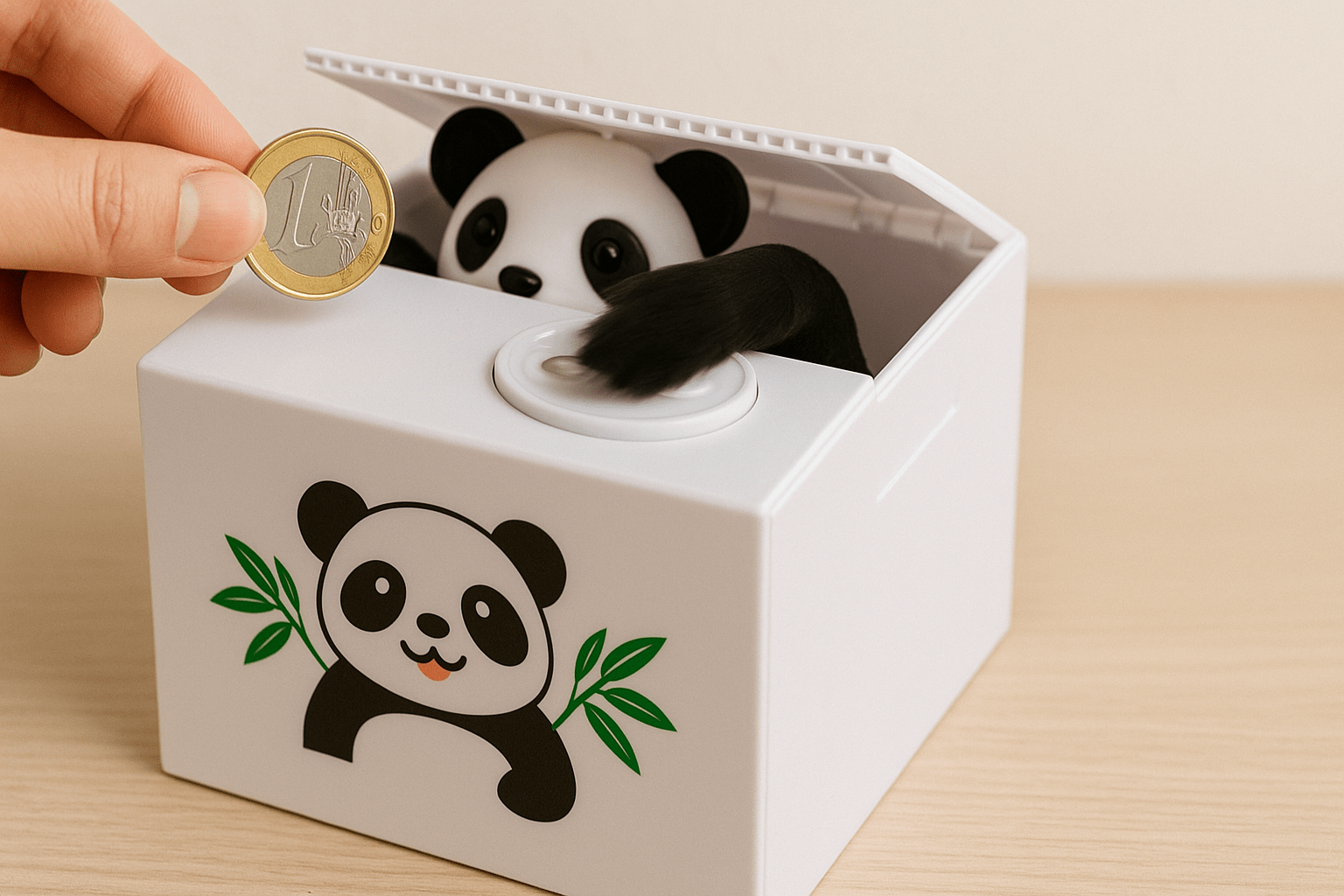Gli oggetti inutili su Amazon (ma divertenti) – La Selezione Terrificante del 2025 31 Salvadanaio a scatola con un panda meccanico che esce per "rubare" una moneta posizionata sopra