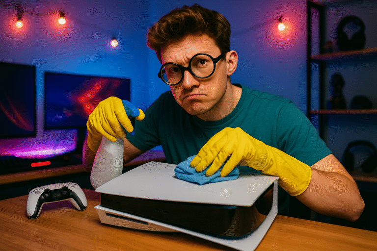 Gamer che pulisce la console con umorismo - prenditi cura della tua console